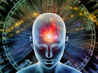 人工大脑三维插图心灵光环系列思维大脑活动人工智能精神资源内心世界等上辐射抽象元素的背景下绘制人脑背景
