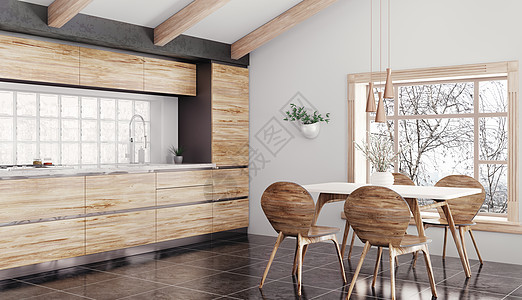 现代室内木制厨房,餐饮区,桌椅三维渲染图片