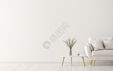 客厅内部有木制三角茶几白色沙发,斯堪的纳维亚风格,3D渲染图片