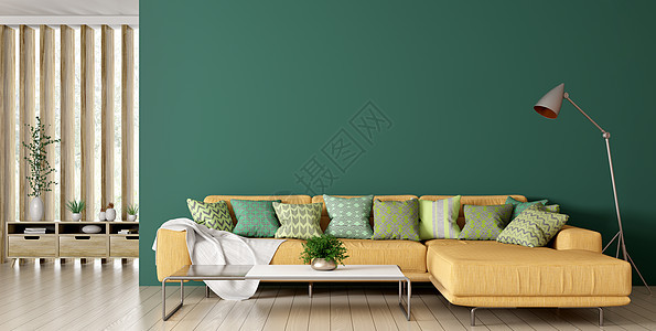 客厅的现代内部,黄色角落沙发,绿色墙壁落地灯3D渲染背景图片