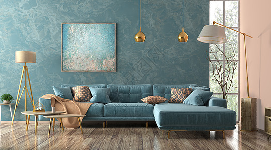 现代室内客厅蓝色角落沙发,茶几,落地灯3D渲染背景图片