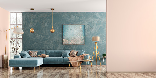 现代客厅内部有蓝色角落沙发,茶几,落地灯,墙壁与三维渲染背景图片