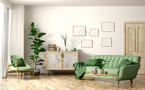现代客厅内部有绿色沙发扶手椅,木门橱柜,家庭三维渲染背景图片