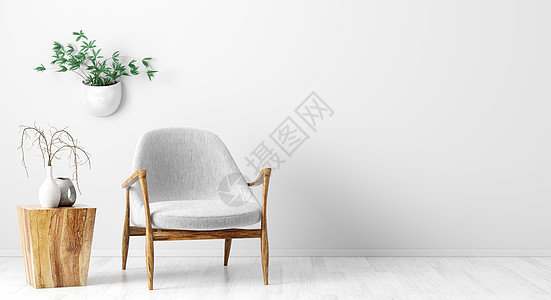 客厅内部背景与木制茶几,灰色扶手椅与白色墙壁与三维渲染背景图片