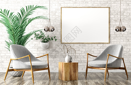 现代室内的客厅与两个灰色扶手椅,木制茶几海报上的砖墙三维渲染图片