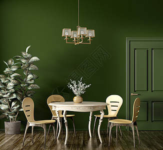 现代餐厅的内部,木制的经典桌子黄色的椅子靠深绿色的墙壁与门的三维渲染图片