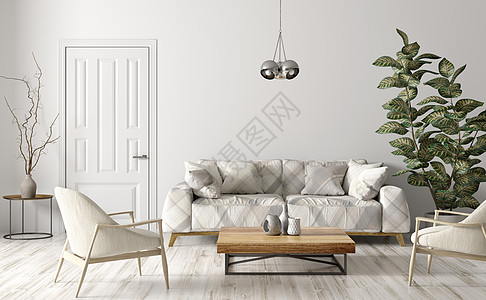 现代室内的客厅与沙发,米色扶手椅,木制咖啡桌,门白墙三维渲染背景图片