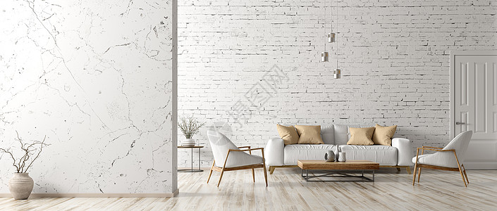 现代内部客厅白色沙发,茶几,扶手椅,大理石墙与,全景三维渲染背景图片