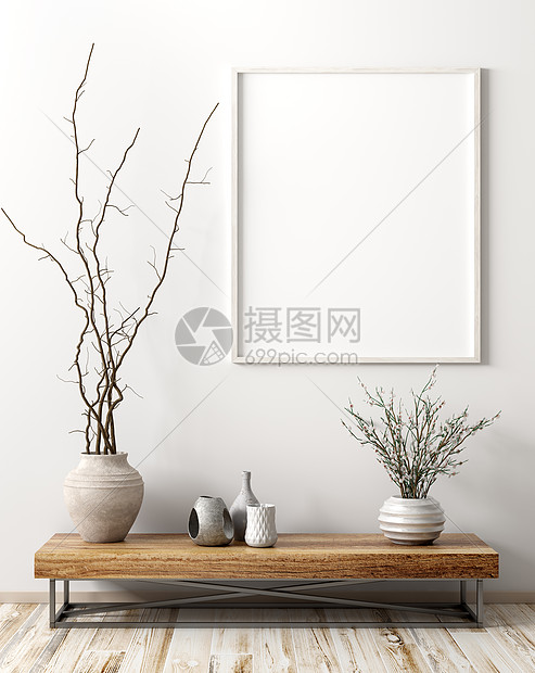 现代室内客厅与木制侧桌与花瓶与树枝模拟海报白色墙壁3D渲染图片