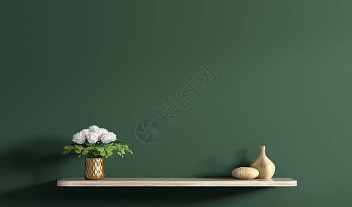米色木架,白色玫瑰花束深绿色的墙壁上,家居装饰,内部背景3D渲染图片