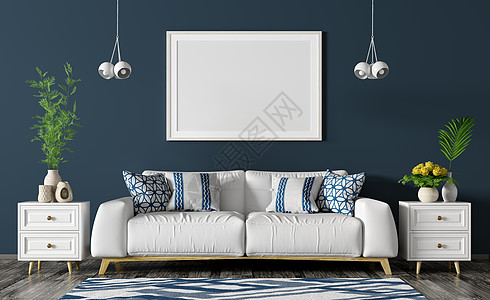 现代室内客厅与白色沙发,胸部,海报灯光蓝色墙壁3D渲染图片