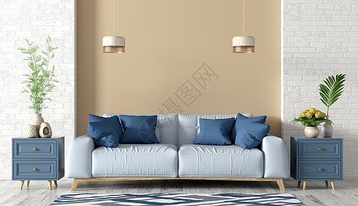 现代室内客厅与浅蓝色沙发,橱柜灯光三维渲染图片