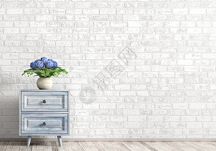 客厅的内部背景,蓝色木柜花瓶,白色砖墙上有束玫瑰家居装饰三维渲染图片
