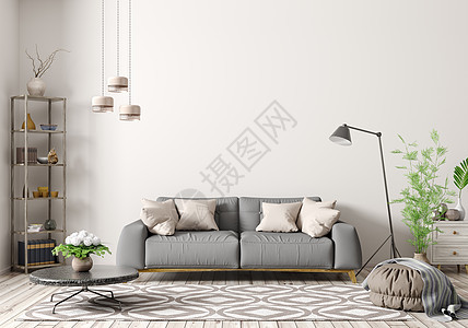 现代室内公寓,客厅灰色沙发,落地灯,茶几地毯三维渲染图片