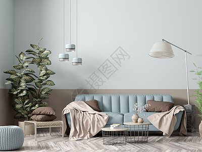 现代室内公寓,客厅蓝色沙发,落地灯,茶几植物3D渲染图片