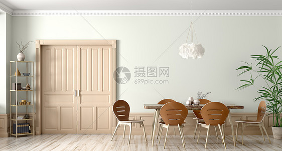 现代餐厅的内部,木制桌椅靠墙,门三维渲染图片