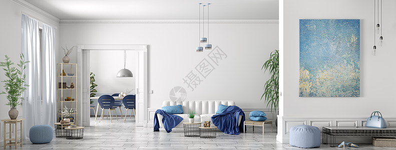 白色桌子上斯堪的纳维亚公寓的现代室内,带白色沙发的客厅,餐厅大厅,全景三维渲染背景