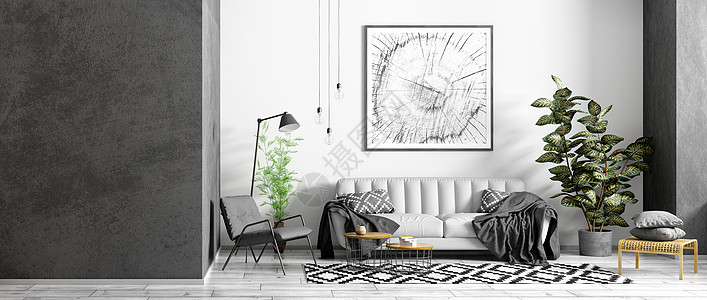 斯堪的纳维亚公寓的现代室内,带灰色沙发的客厅,黑色扶手椅,茶几植物,全景三维渲染背景图片