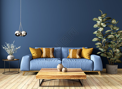 客厅现代室内,沙发,木制茶几,植物,靠蓝墙三维渲染图片