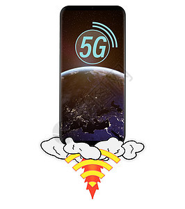 推出5G智能手机与行星地球屏幕上,隔离白色背景这幅图像的元素由美国宇航局提供手握5g智能手机图片