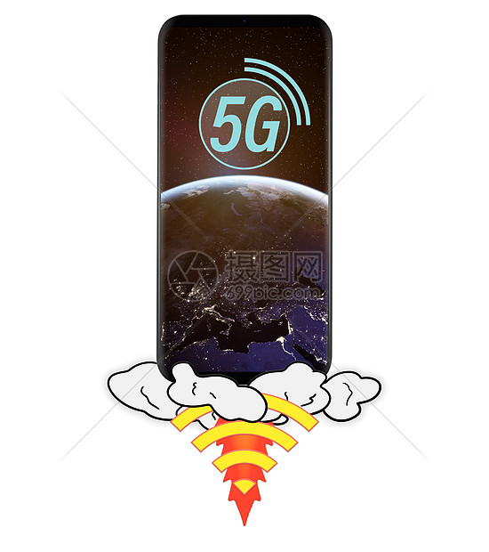 推出5G智能手机与行星地球屏幕上,隔离白色背景这幅图像的元素由美国宇航局提供手握5g智能手机图片