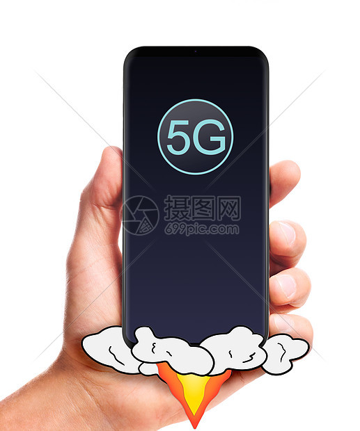 男手持启动5g智能手机,隔离白色背景上手握5g智能手机图片