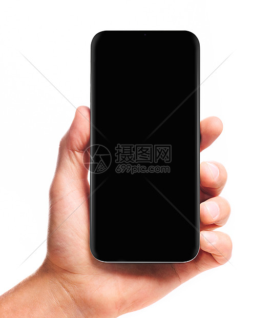 男手握无边框智能手机与空白黑色屏幕,隔离白色背景屏幕被切割出路径手握无边框智能手机图片