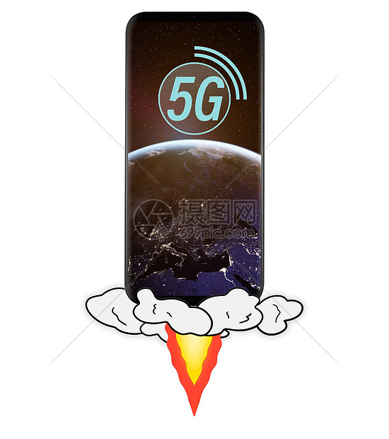 推出5G智能手机与行星地球屏幕上,隔离白色背景这幅图像的元素由美国宇航局提供手握5g智能手机图片