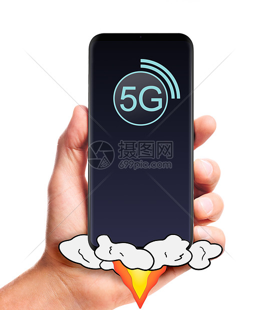 男手持启动5g智能手机,隔离白色背景上手握5g智能手机图片