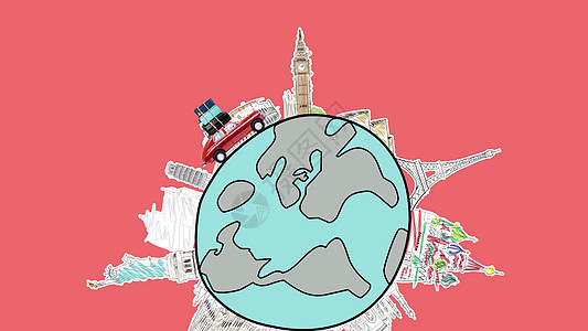 世界各地红色复古玩具汽车与旅行箱驾驶的著名纪念碑卡通星球4k循环动画,放大缩小开车旅行背景