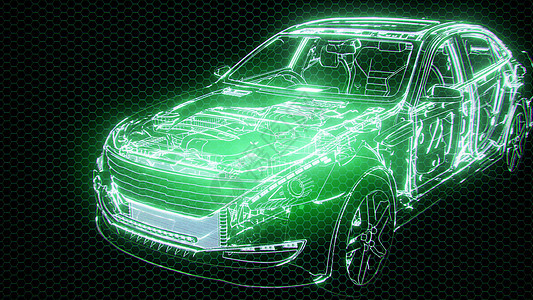 三维线框汽车模型与发动机水獭技术部件的全息动画三维线框汽车模型与发动机的全息动画图片