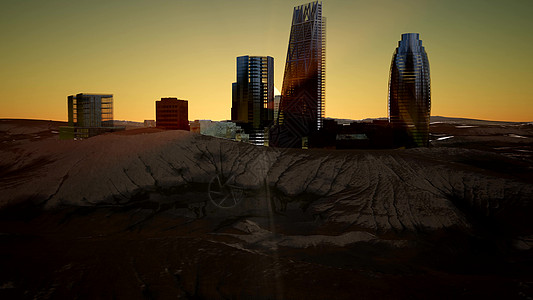 日落时,城市摩天大楼沙漠中高清图片
