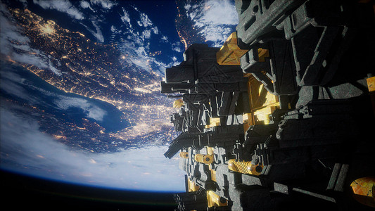 宇宙飞船与行星地球三维渲染太空地球上的宇宙飞船图片