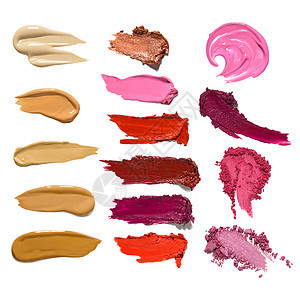 创意照片集化妆品样本美容产品混合口红,唇彩,粉底,奶油,眼影白色背景图片