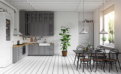 现代厨房内部三维插图图片