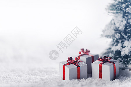 装饰圣诞礼物冷杉树下的雪,背景与圣诞树下雪里的礼品盒图片