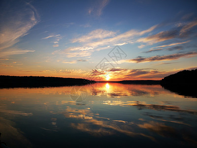 美丽的五彩夏日日落湖中湖里的夏天日落图片