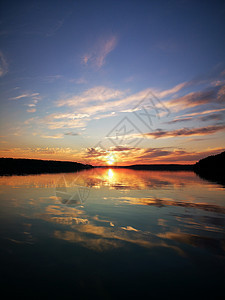 美丽的五彩夏日日落湖中湖里的夏天日落图片