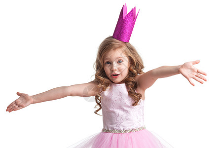 美丽的小公主皇冠上摆姿势,双手举空中说,为什么,知道,所以什么小公主背景图片
