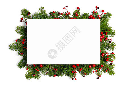 圣诞边框的树枝红色浆果白色背景与隔离圣诞树树枝的圣诞框架图片