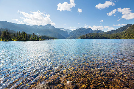 平静的景色加大的山湖旁边,岩石平静的水中反射图片