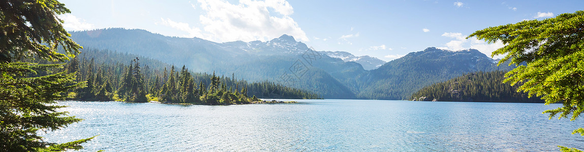 平静的景色加大的山湖旁边,岩石平静的水中反射背景图片