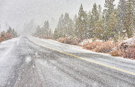 暴风雪开始约塞米蒂公园,蒂奥加通行证潮湿的雪路加州,美国图片