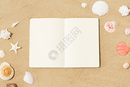 假期,旅行夏季笔记本与贝壳海滩沙滩沙滩上贝壳的笔记本图片