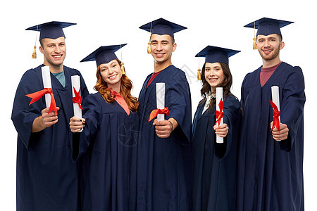 教育,毕业人的群快乐的研究生迫击炮板学士学位礼服与文凭超过白色背景毕业生文凭的迫击炮板上图片