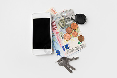 个人物品物品智能手机,欧元货币钥匙白色背景智能手机,欧元货币钥匙图片