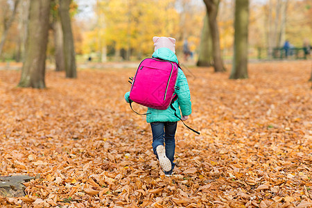 教育季节秋季公园带书包的小学生女孩秋天公园带书包的小女孩图片