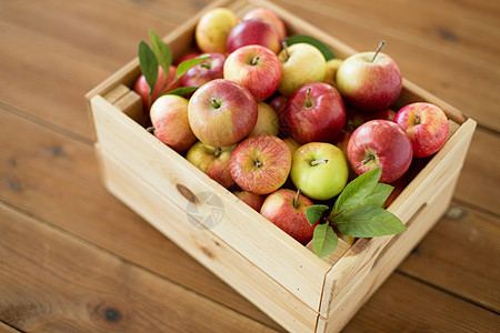 水果,食物收获的成熟的苹果木箱桌子上桌子上木箱里成熟的苹果图片