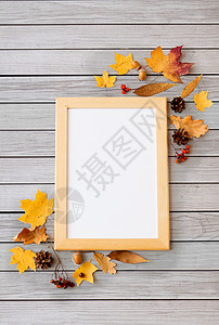 自然,季节植物学秋季水果白板木框灰色木板背景秋天的水果相框白板图片