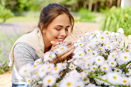 园艺人们的快乐的轻女人闻洋甘菊花夏季花园快乐的女人闻着花园里的洋甘菊花图片